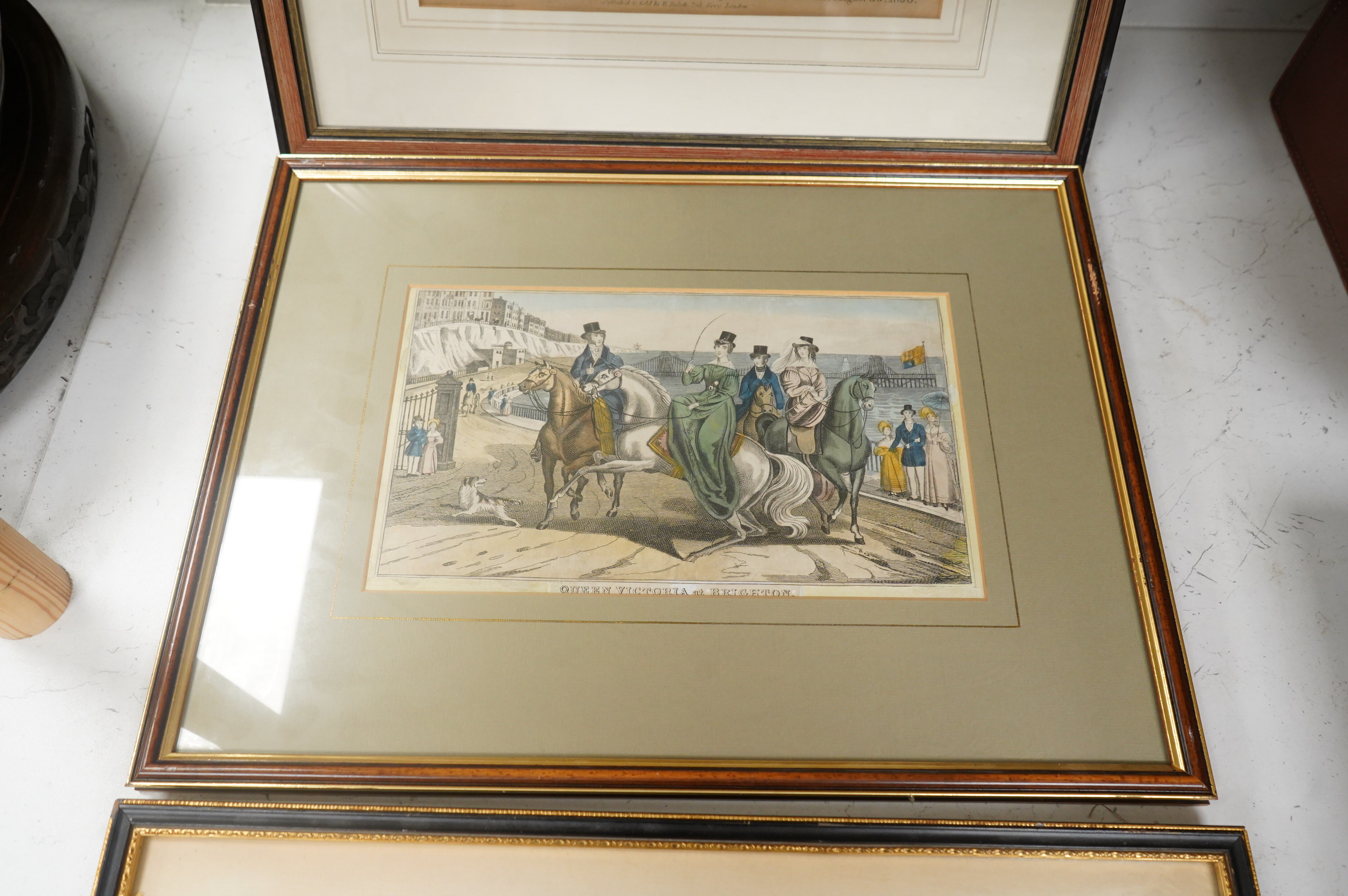 Three Brighton interest prints, 19th century, to include: The King and Queen's first entry into Brighton through the Royal Arch, 1830, published and sold by W Belch at Brighton, largest 27 x 39cm